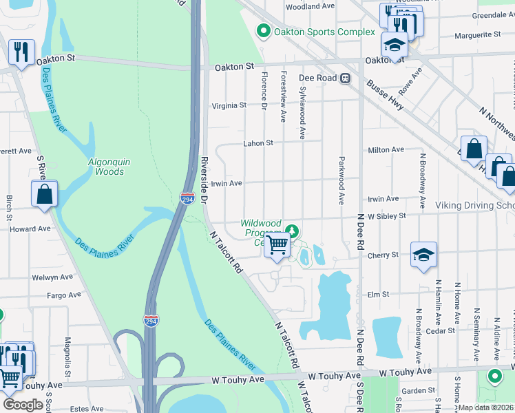 map of restaurants, bars, coffee shops, grocery stores, and more near 611 Florence Drive in Park Ridge
