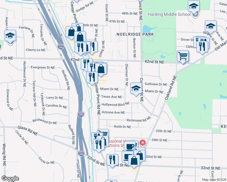 map of restaurants, bars, coffee shops, grocery stores, and more near 1635 Miami Drive Northeast in Cedar Rapids