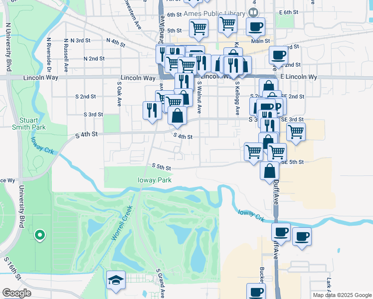 map of restaurants, bars, coffee shops, grocery stores, and more near 422 Stonehaven Drive in Ames