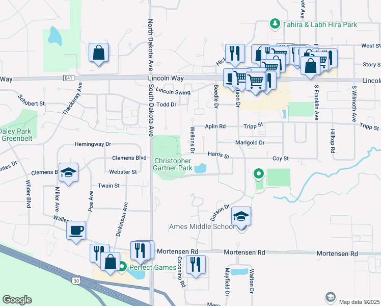 map of restaurants, bars, coffee shops, grocery stores, and more near 4126 Harris Street in Ames