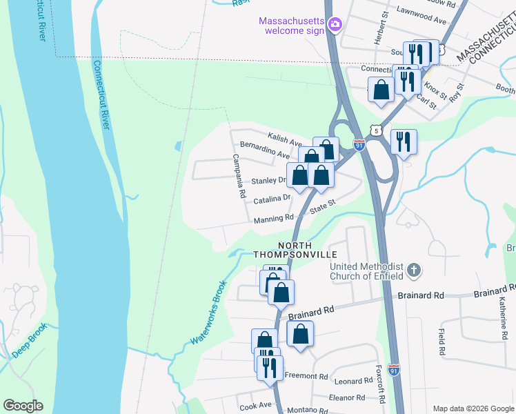 map of restaurants, bars, coffee shops, grocery stores, and more near 6 Manning Road in Enfield