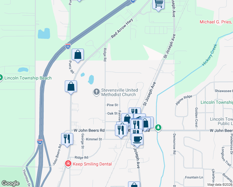 map of restaurants, bars, coffee shops, grocery stores, and more near 5515 Ridge Road in Stevensville