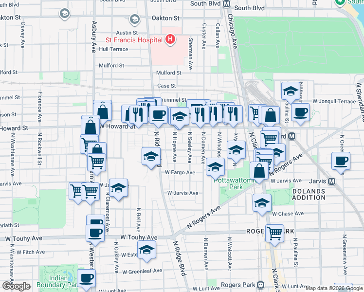 map of restaurants, bars, coffee shops, grocery stores, and more near 2050 West Birchwood Avenue in Chicago