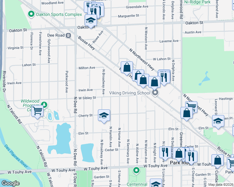 map of restaurants, bars, coffee shops, grocery stores, and more near 601 North Home Avenue in Park Ridge