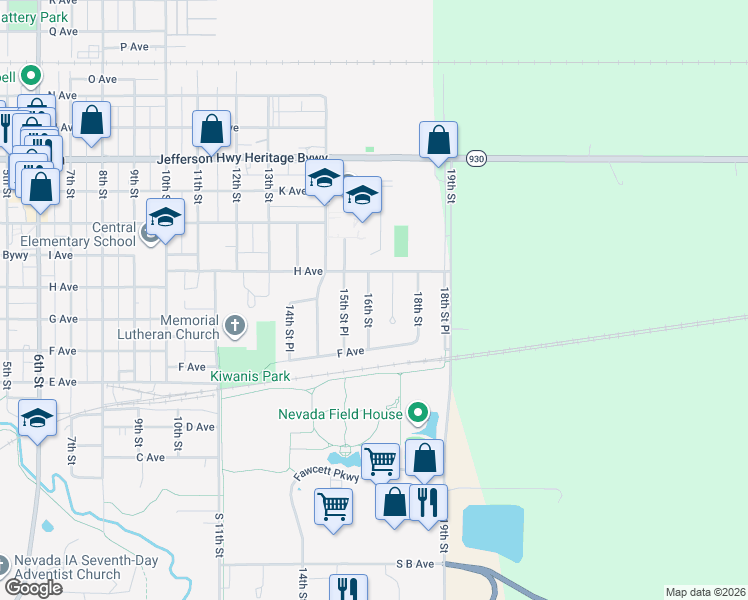 map of restaurants, bars, coffee shops, grocery stores, and more near 715 16th Street in Nevada