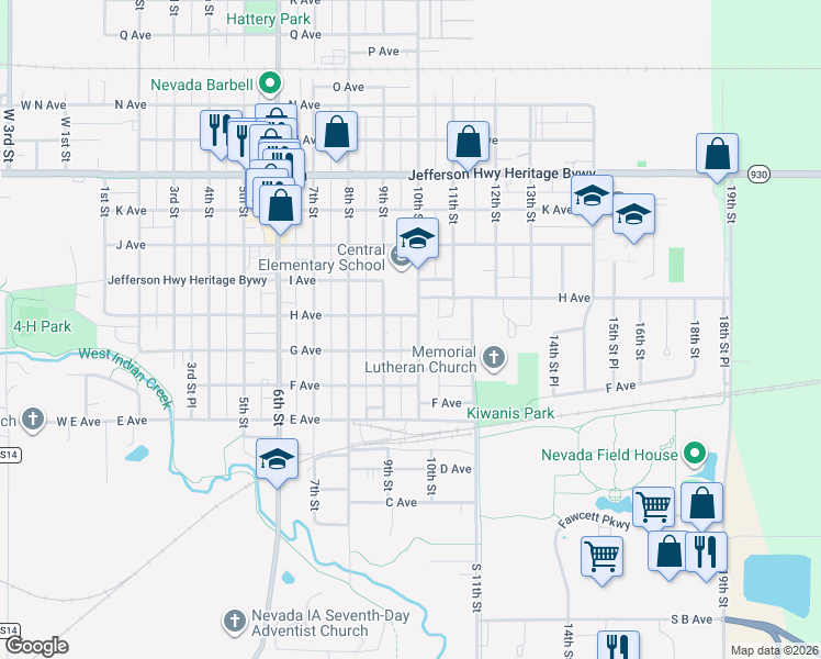 map of restaurants, bars, coffee shops, grocery stores, and more near 724 10th Street in Nevada