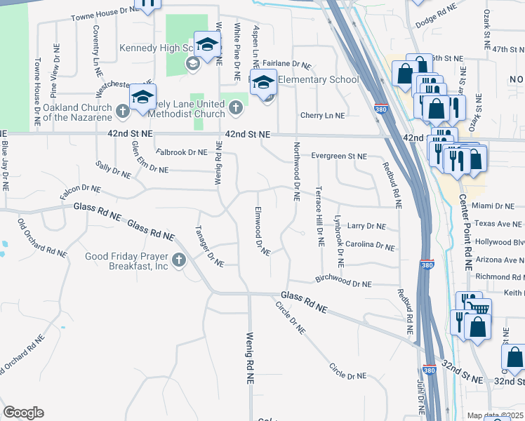 map of restaurants, bars, coffee shops, grocery stores, and more near 3800 Elmwood Drive Northeast in Cedar Rapids