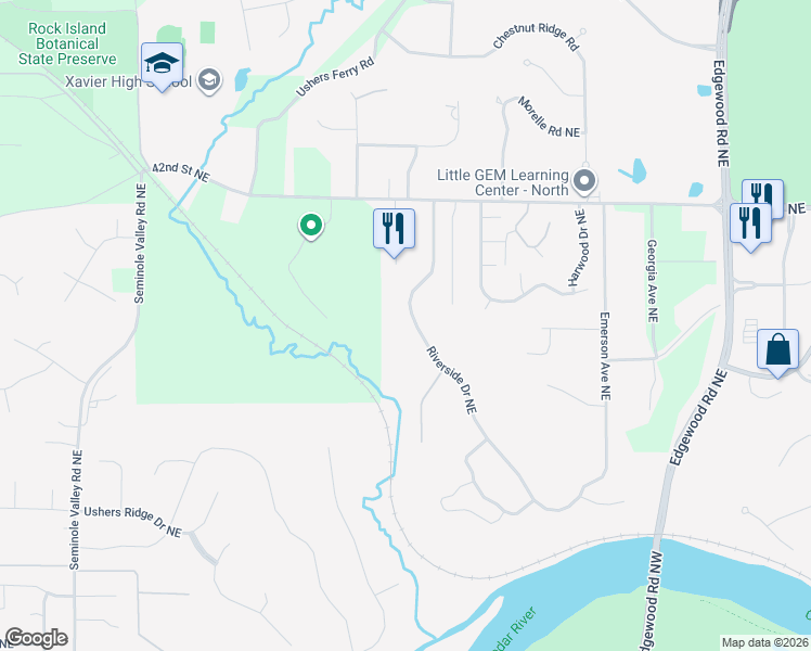 map of restaurants, bars, coffee shops, grocery stores, and more near 3801 Riverside Drive Northeast in Cedar Rapids