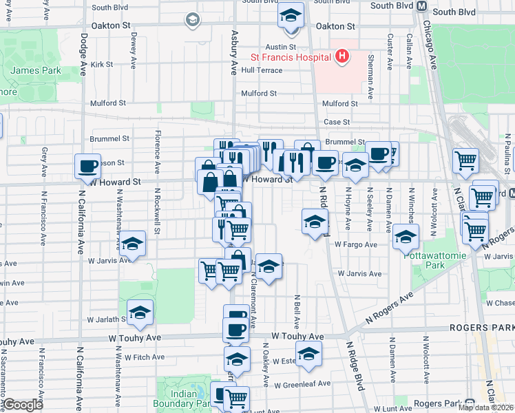 map of restaurants, bars, coffee shops, grocery stores, and more near 7515 North Claremont Avenue in Chicago