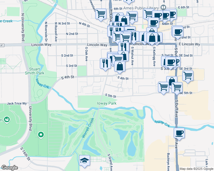 map of restaurants, bars, coffee shops, grocery stores, and more near 644 Squaw Creek Drive in Ames