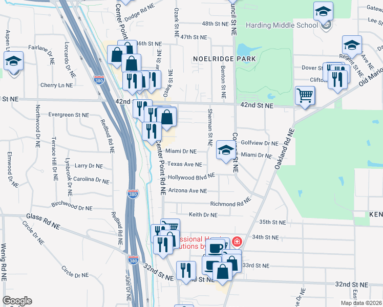 map of restaurants, bars, coffee shops, grocery stores, and more near 1635 Miami Drive Northeast in Cedar Rapids