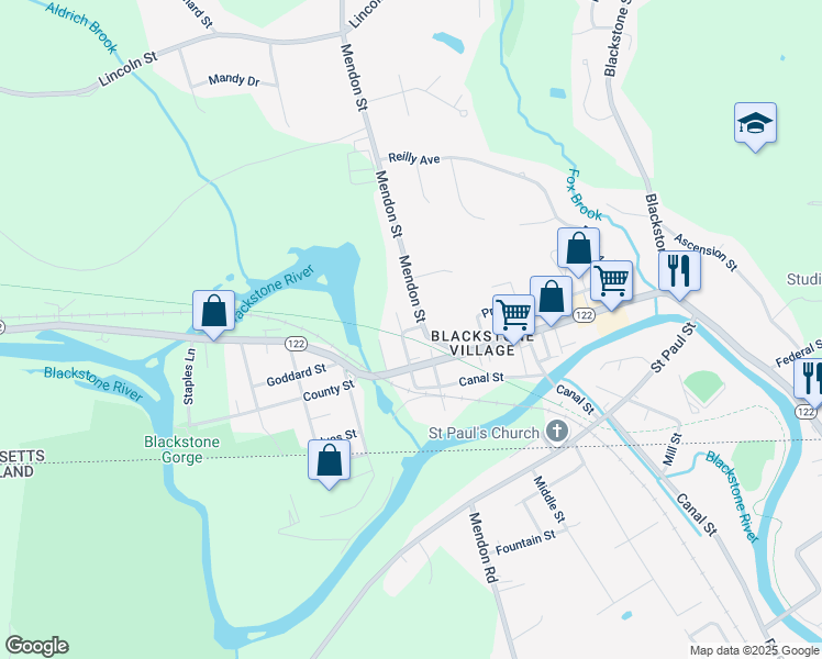 map of restaurants, bars, coffee shops, grocery stores, and more near School Street in Blackstone