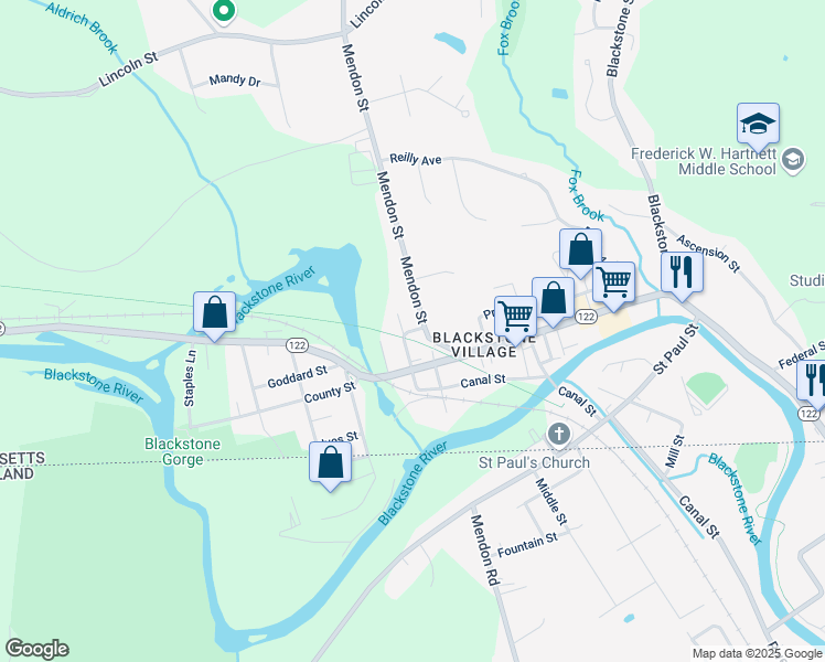map of restaurants, bars, coffee shops, grocery stores, and more near School Street in Blackstone