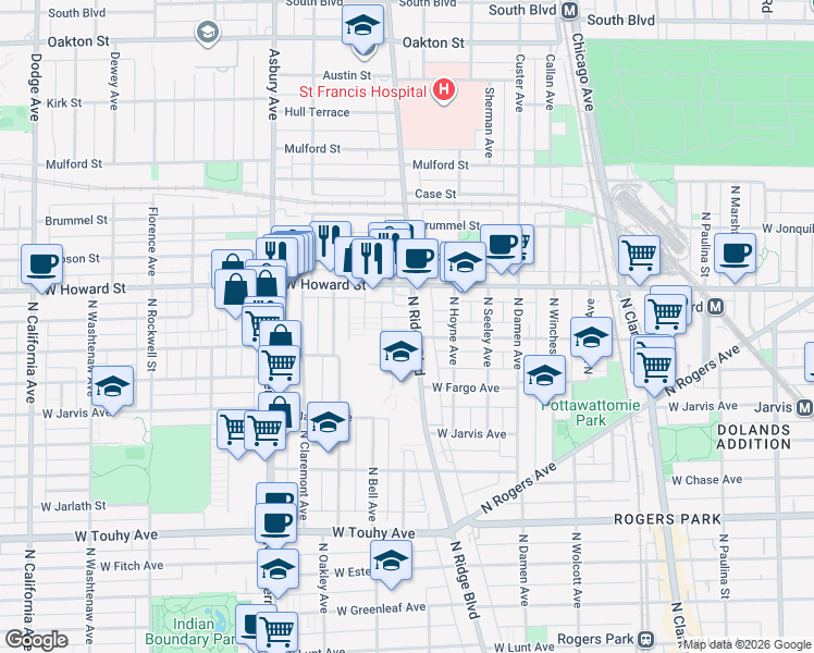 map of restaurants, bars, coffee shops, grocery stores, and more near North Ridge Boulevard in Chicago