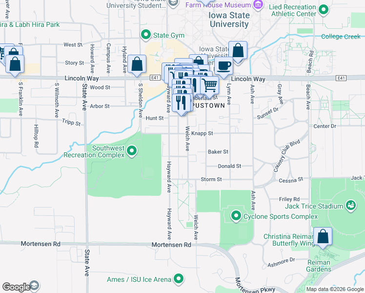 map of restaurants, bars, coffee shops, grocery stores, and more near 2521 Little Street in Ames