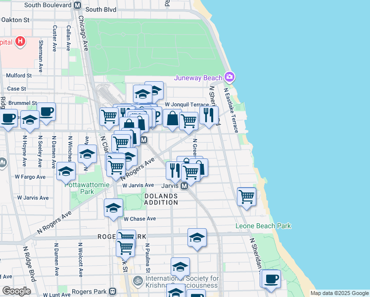 map of restaurants, bars, coffee shops, grocery stores, and more near 1506 West Fargo Avenue in Chicago