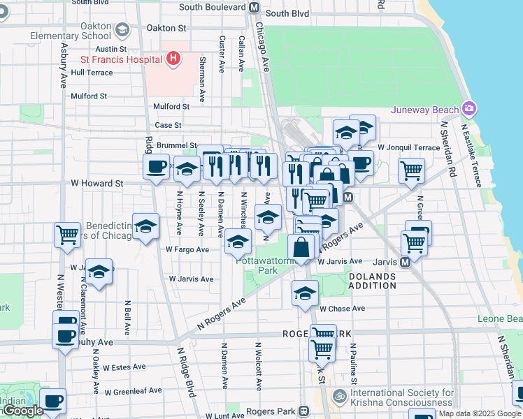 map of restaurants, bars, coffee shops, grocery stores, and more near 1902 West Birchwood Avenue in Chicago