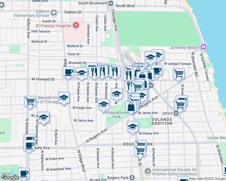 map of restaurants, bars, coffee shops, grocery stores, and more near 1902 West Birchwood Avenue in Chicago