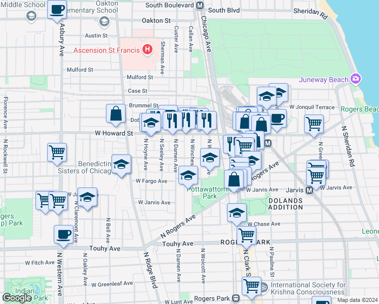 map of restaurants, bars, coffee shops, grocery stores, and more near 1948 West Birchwood Avenue in Chicago