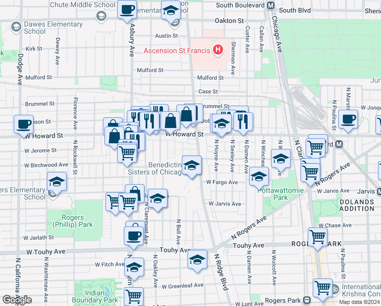 map of restaurants, bars, coffee shops, grocery stores, and more near 7508 North Ridge Boulevard in Chicago
