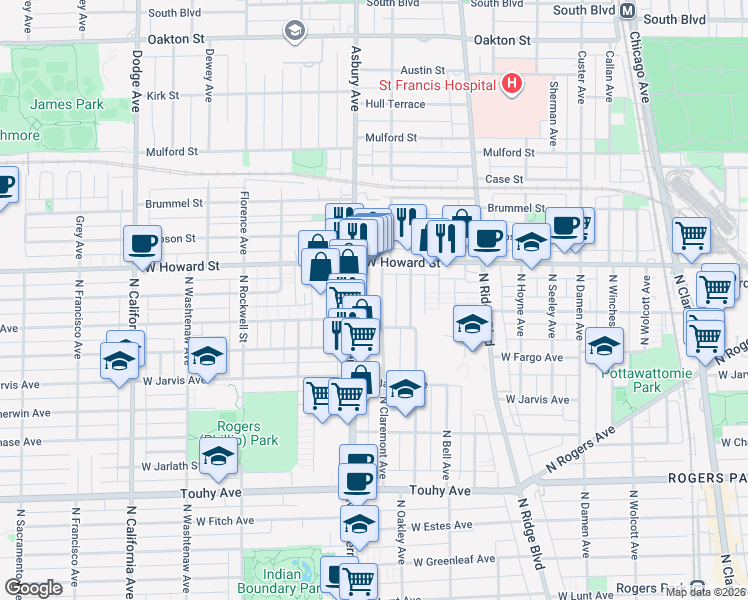 map of restaurants, bars, coffee shops, grocery stores, and more near 7517 North Western Avenue in Chicago