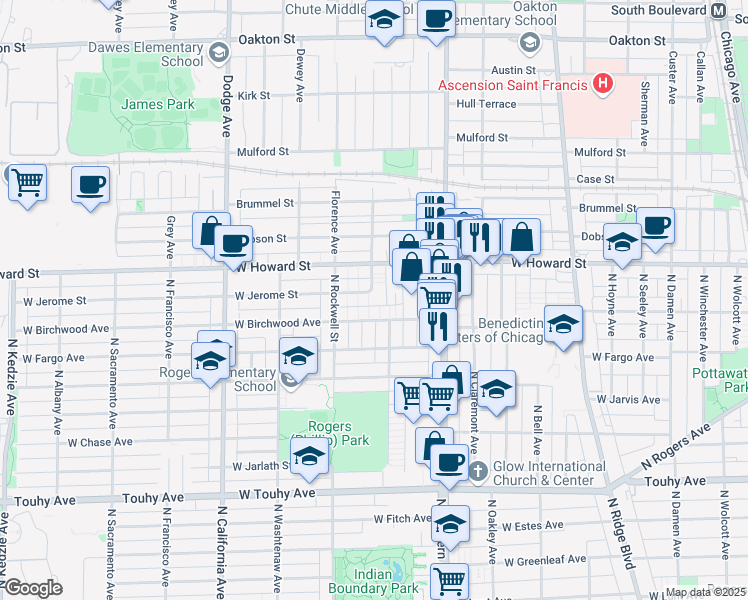 map of restaurants, bars, coffee shops, grocery stores, and more near 2508 West Birchwood Avenue in Chicago