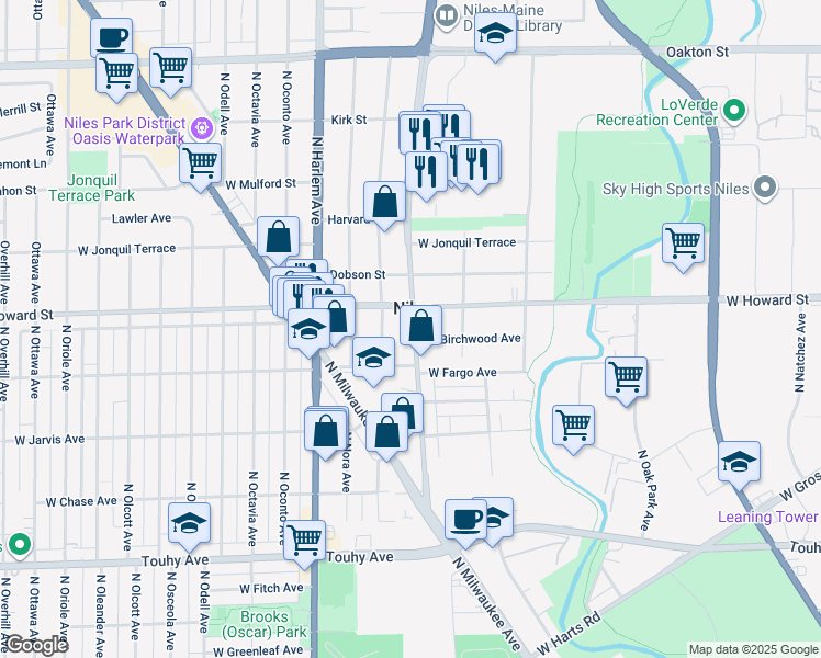 map of restaurants, bars, coffee shops, grocery stores, and more near 7539 North Waukegan Road in Niles