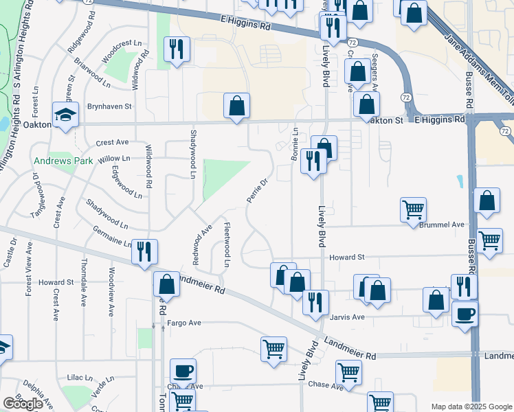 map of restaurants, bars, coffee shops, grocery stores, and more near 615 Perrie Drive in Elk Grove Village