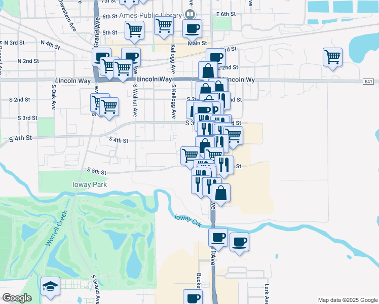 map of restaurants, bars, coffee shops, grocery stores, and more near 431 South Duff Avenue in Ames