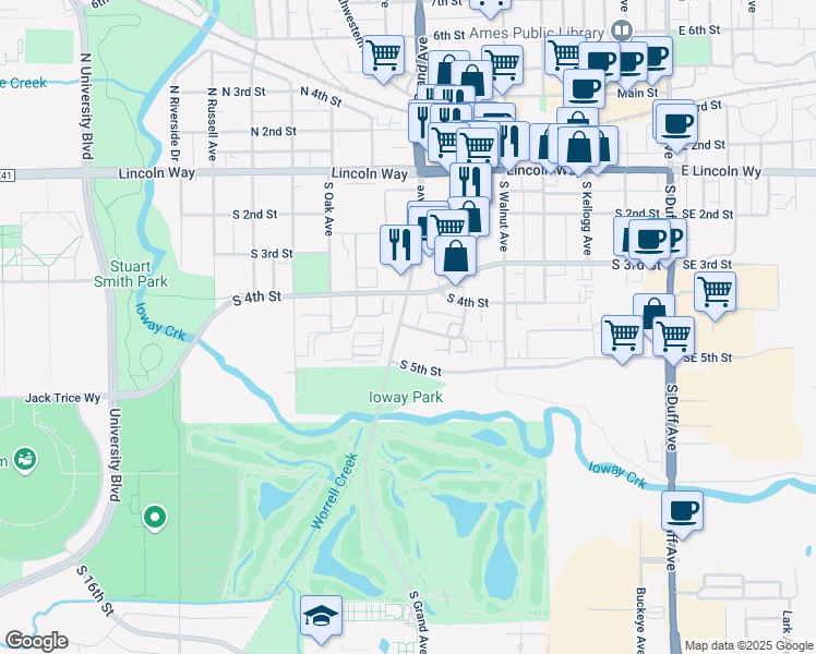 map of restaurants, bars, coffee shops, grocery stores, and more near 644 Squaw Creek Drive in Ames