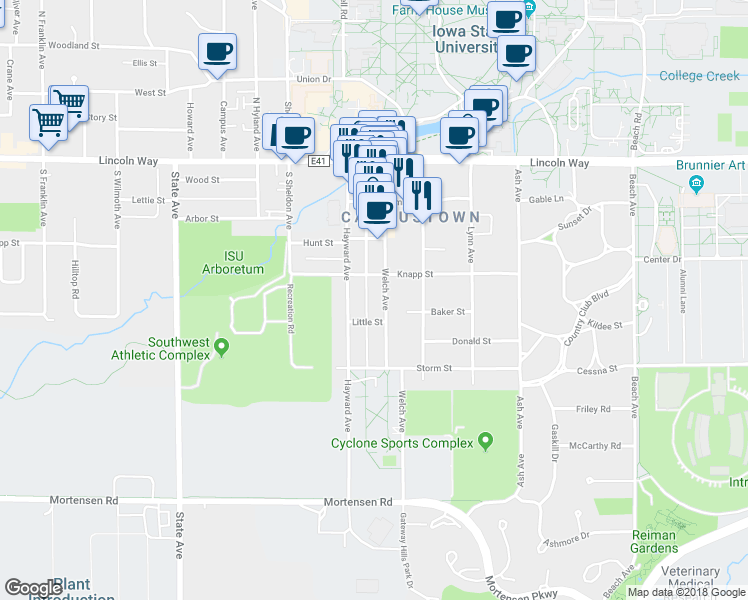map of restaurants, bars, coffee shops, grocery stores, and more near 2521 Little Street in Ames
