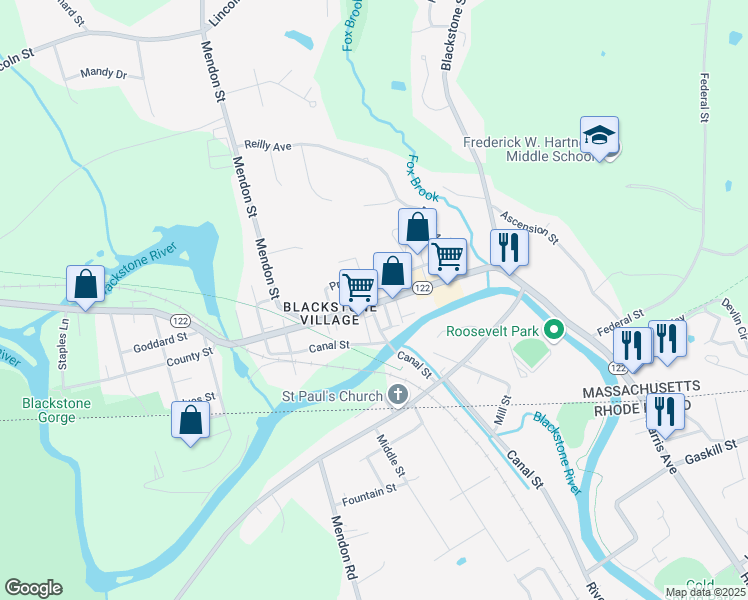 map of restaurants, bars, coffee shops, grocery stores, and more near 138 Main Street in Blackstone