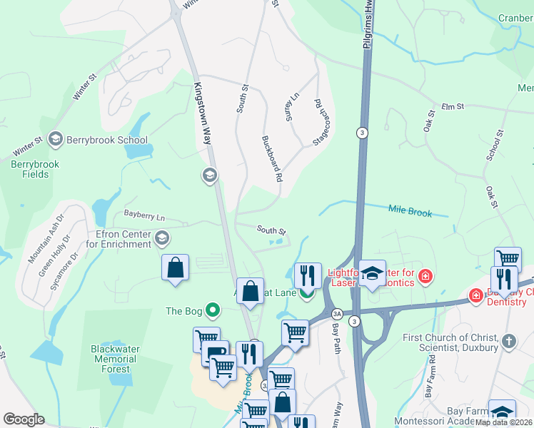 map of restaurants, bars, coffee shops, grocery stores, and more near 171 Buckboard Road in Duxbury