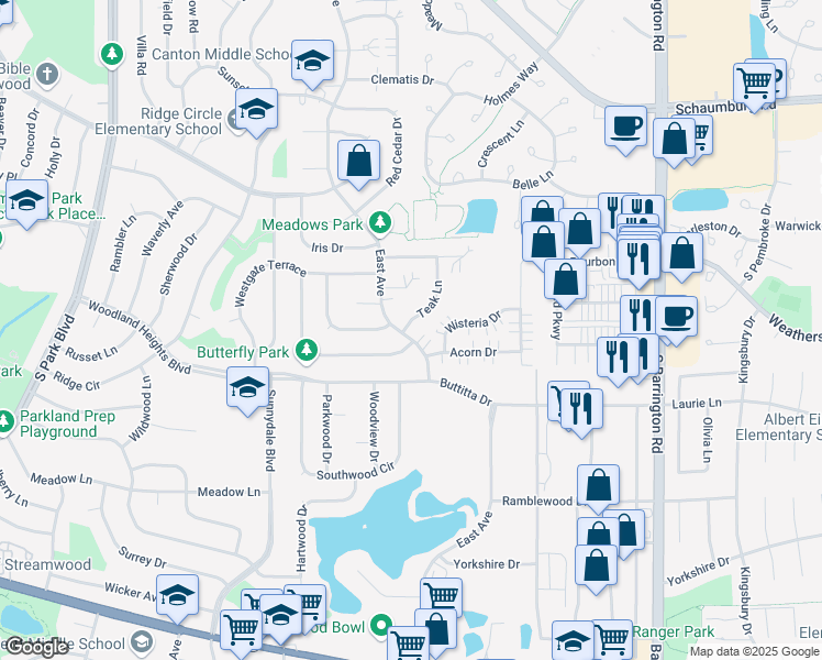 map of restaurants, bars, coffee shops, grocery stores, and more near 201 Teak Lane in Streamwood