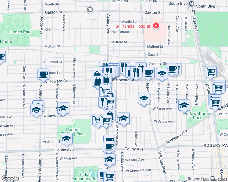 map of restaurants, bars, coffee shops, grocery stores, and more near 7517 North Western Avenue in Chicago