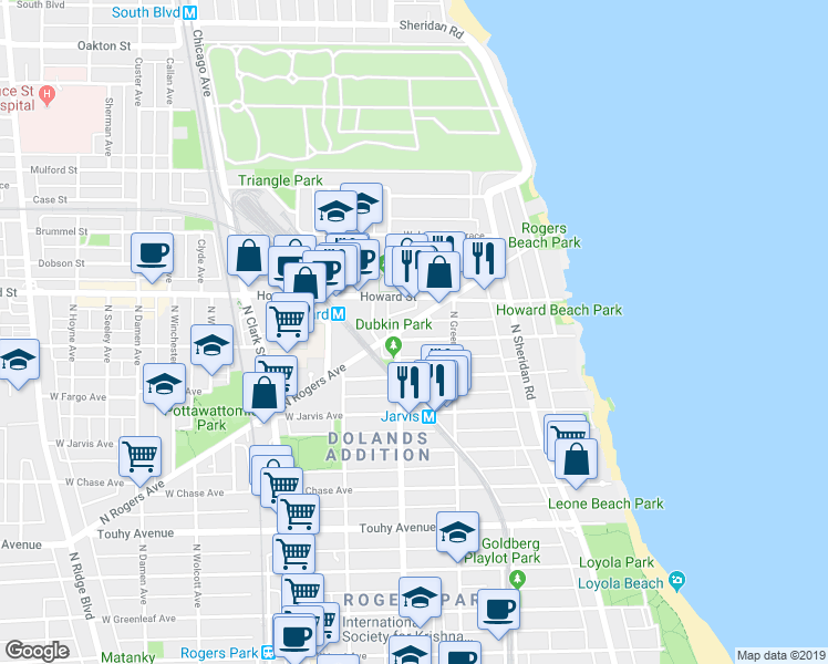 map of restaurants, bars, coffee shops, grocery stores, and more near 7531 North Rogers Avenue in Chicago