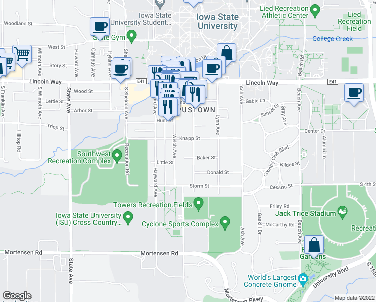map of restaurants, bars, coffee shops, grocery stores, and more near 432 Welch Avenue in Ames