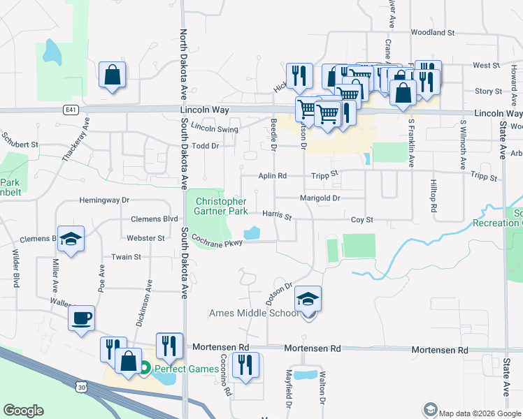 map of restaurants, bars, coffee shops, grocery stores, and more near 501 Beedle Drive in Ames