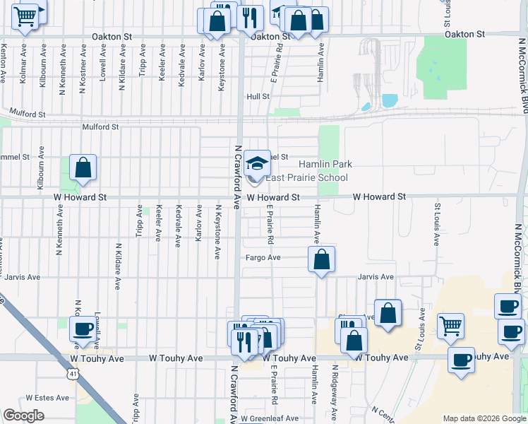 map of restaurants, bars, coffee shops, grocery stores, and more near 3923 Jerome Street in Skokie