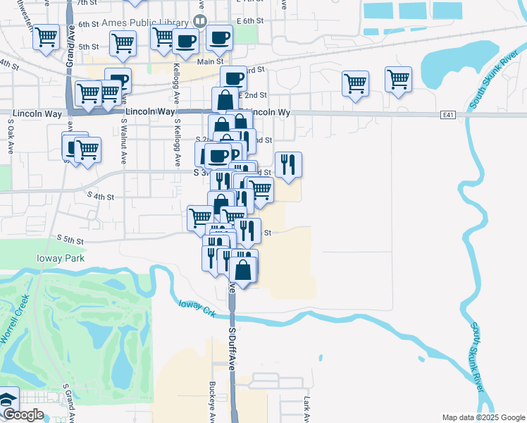 map of restaurants, bars, coffee shops, grocery stores, and more near 205 SE 5th St in Ames
