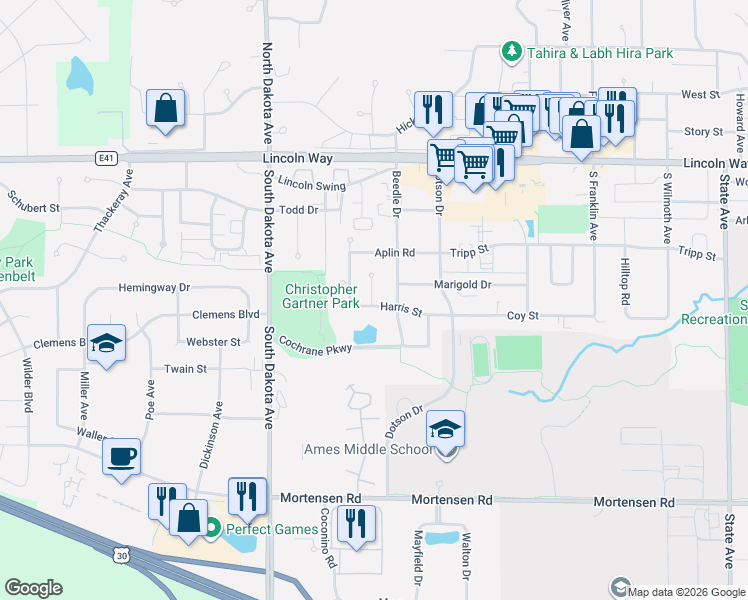 map of restaurants, bars, coffee shops, grocery stores, and more near 501 Beedle Drive in Ames