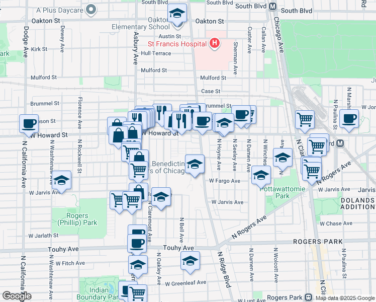 map of restaurants, bars, coffee shops, grocery stores, and more near 7520 North Ridge Boulevard in Chicago