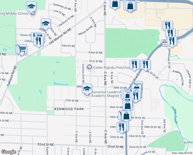 map of restaurants, bars, coffee shops, grocery stores, and more near 501 39th Street Northeast in Cedar Rapids