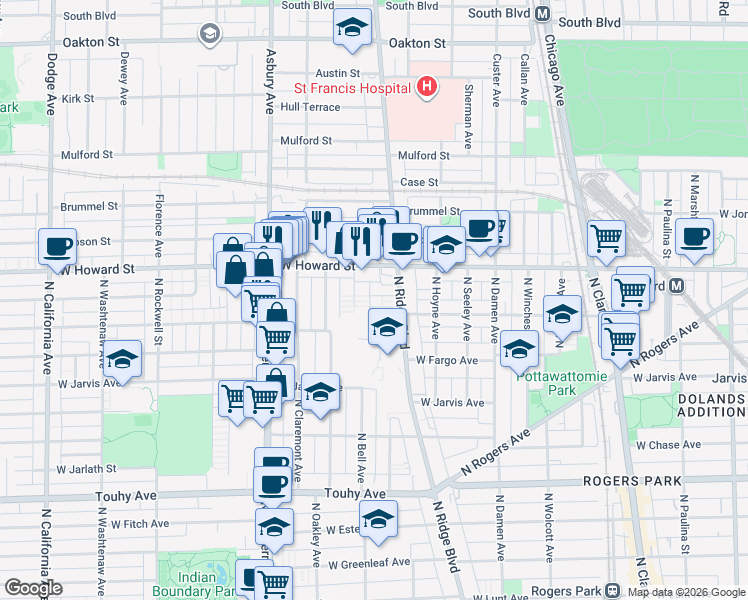 map of restaurants, bars, coffee shops, grocery stores, and more near 7508 North Ridge Boulevard in Chicago