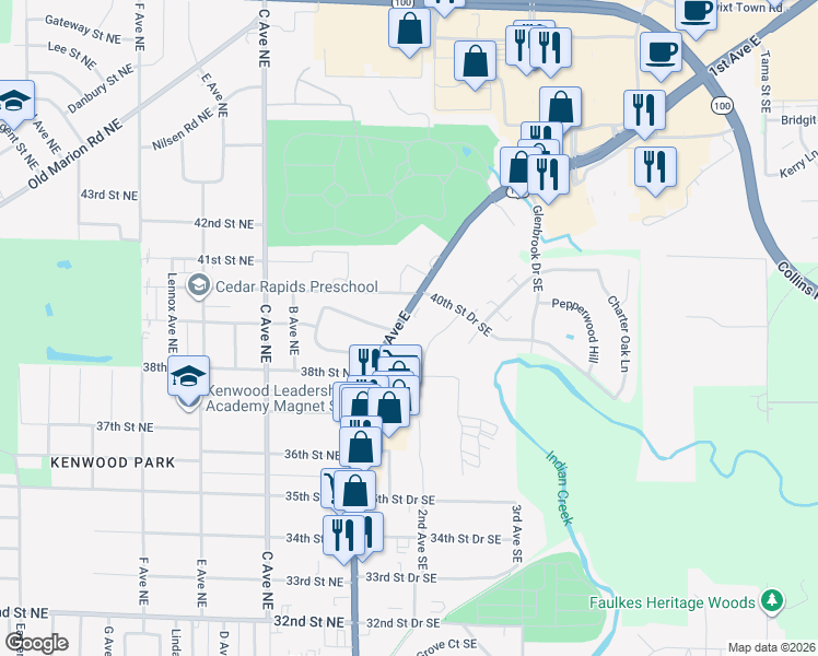 map of restaurants, bars, coffee shops, grocery stores, and more near 3901 1st Avenue Southeast in Cedar Rapids