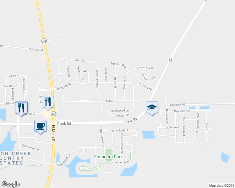 map of restaurants, bars, coffee shops, grocery stores, and more near 2218 Surrey Street in Sycamore