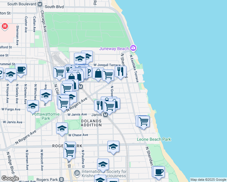 map of restaurants, bars, coffee shops, grocery stores, and more near 1443 West Birchwood Avenue in Chicago