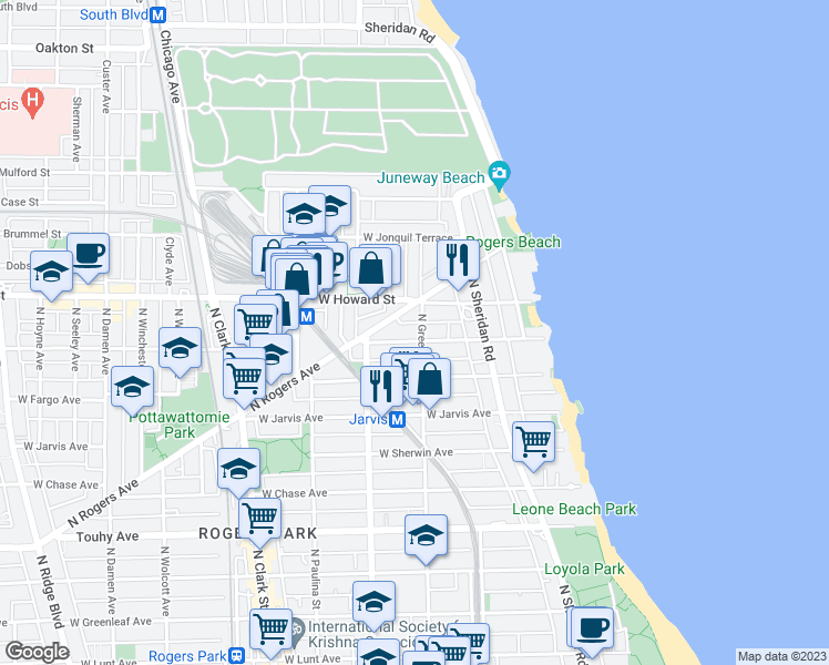 map of restaurants, bars, coffee shops, grocery stores, and more near 1506 West Fargo Avenue in Chicago