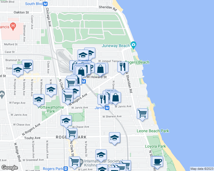 map of restaurants, bars, coffee shops, grocery stores, and more near 1506 West Fargo Avenue in Chicago