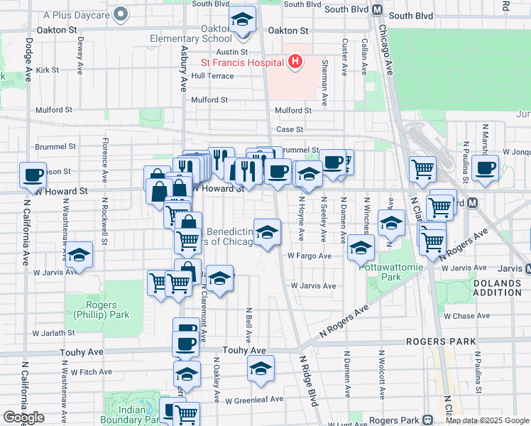 map of restaurants, bars, coffee shops, grocery stores, and more near 7508 North Ridge Boulevard in Chicago